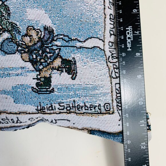 Winter Decorative Tapestry Throw Pillow Ice Skating Snowman Baby Bear Signed - Picture 8 of 9